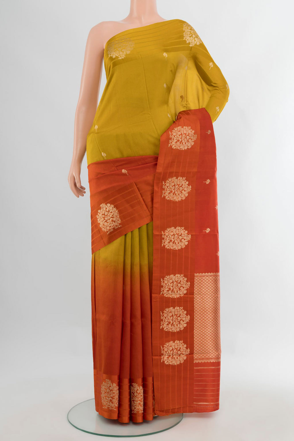 Multi Color Banarasi Katan Silk Saree with Half And Half on the body and Plain Border.  displayed on a mannequin