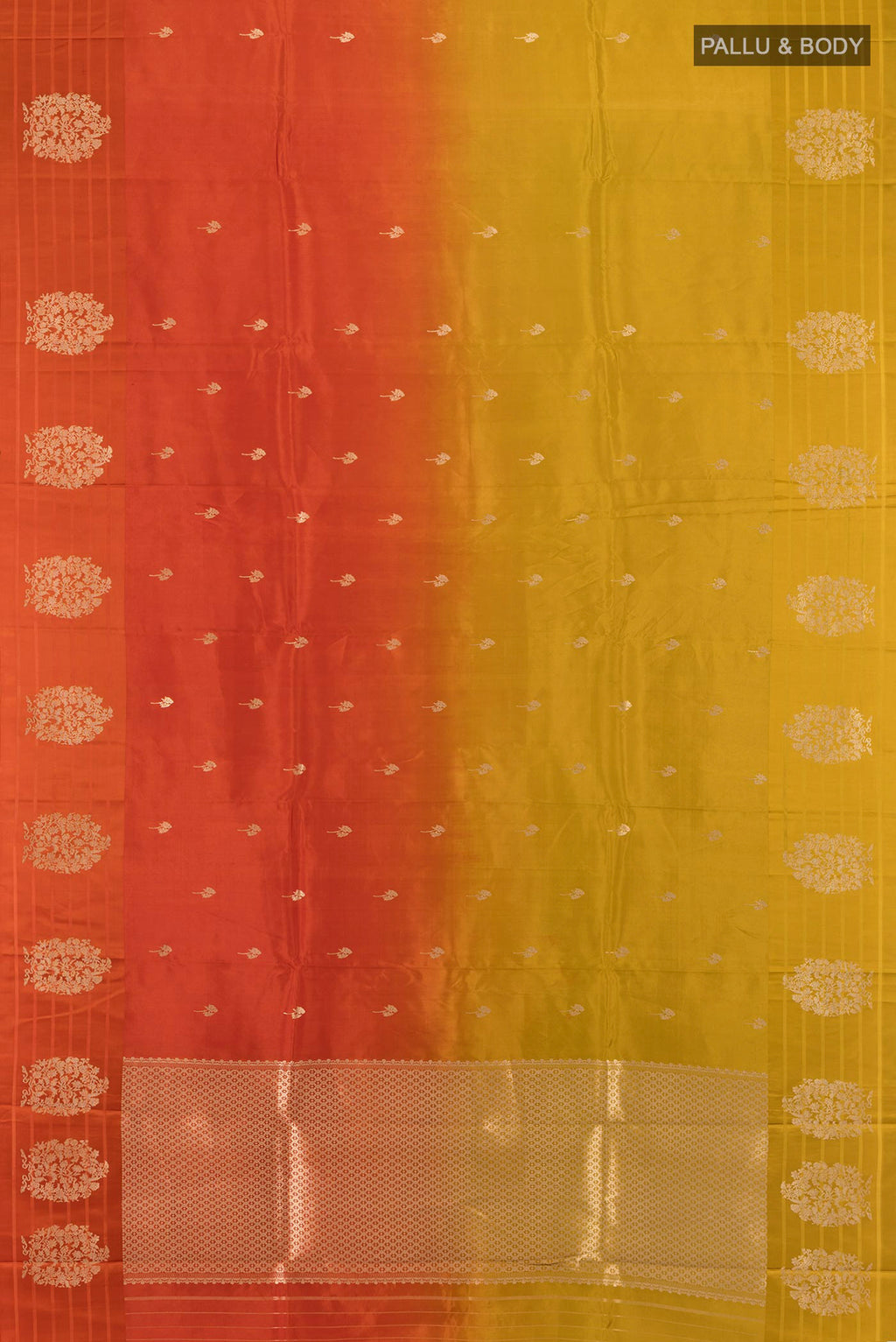 Flat view of Multi Color Banarasi Katan Silk Saree with Half And Half on the body and Plain Border. 