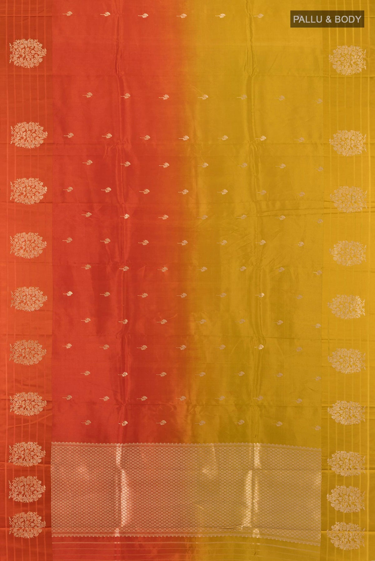 Flat view of Multi Color Banarasi Katan Silk Saree with Half And Half on the body and Plain Border. 