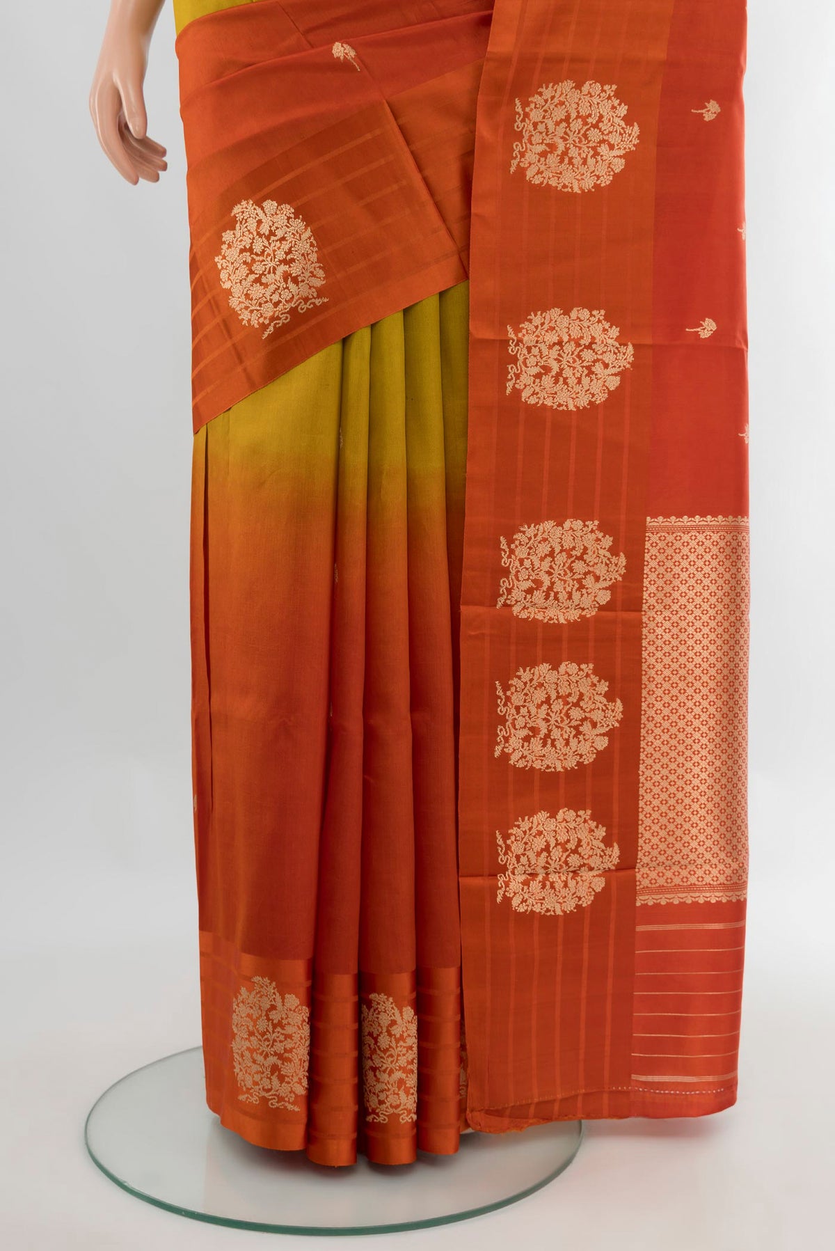 Pleats and pallu of Multi Color Banarasi Katan Silk Saree with Half And Half on the body and Plain Border. 