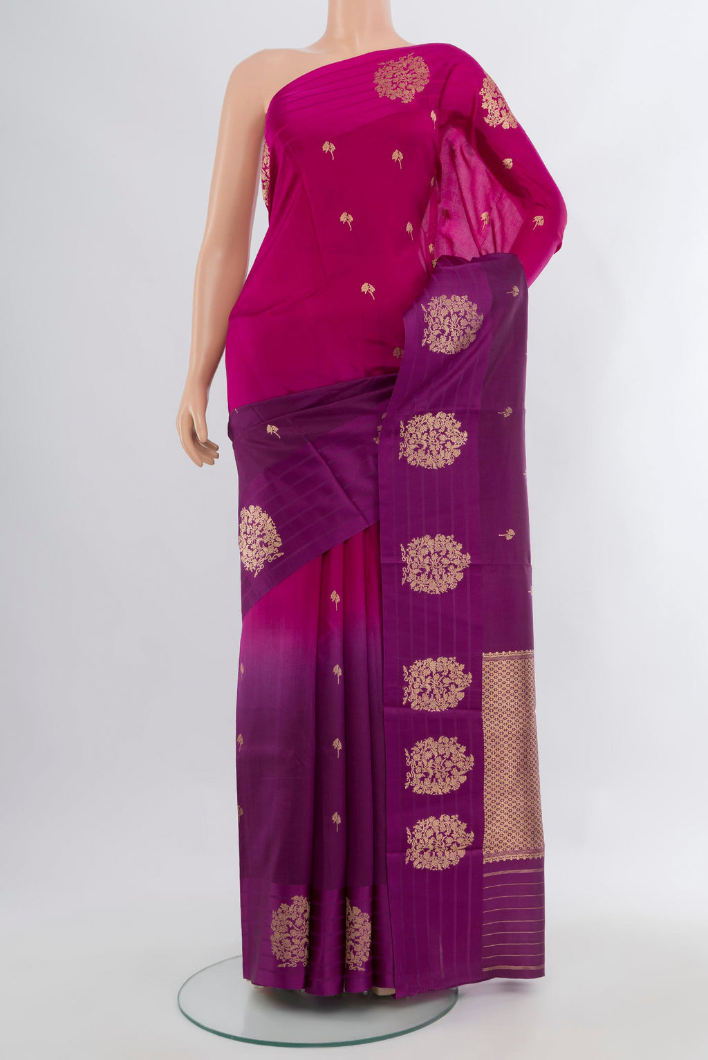 Multi Color Banarasi Katan Silk Saree with Half And Half on the body and Plain Border.  displayed on a mannequin