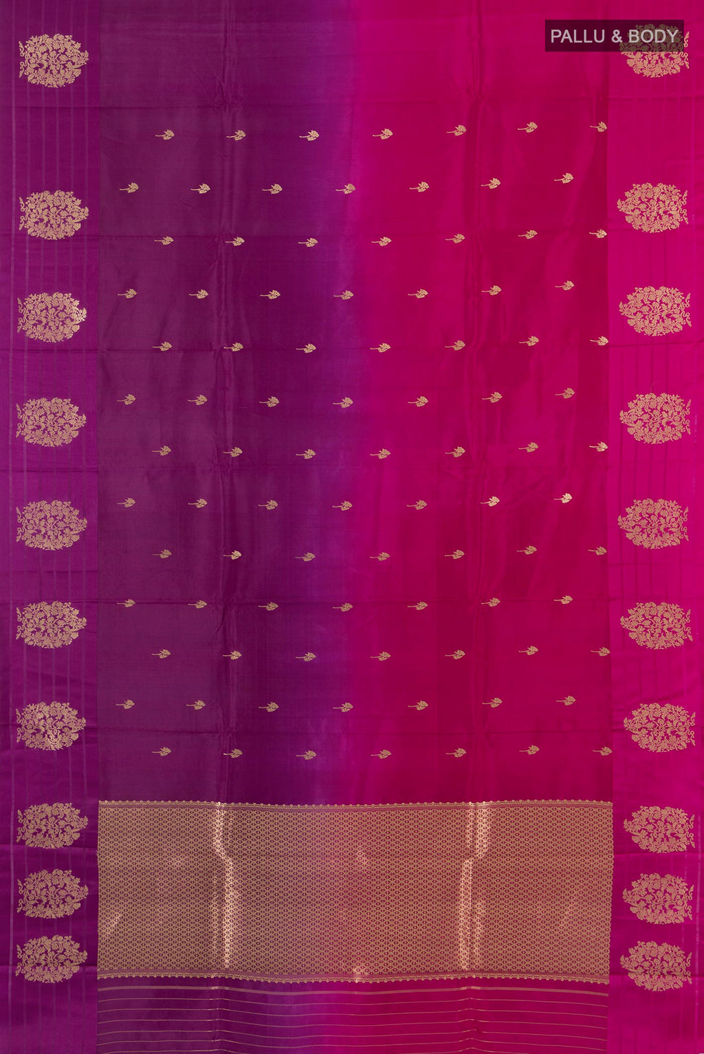 Flat view of Multi Color Banarasi Katan Silk Saree with Half And Half on the body and Plain Border. 