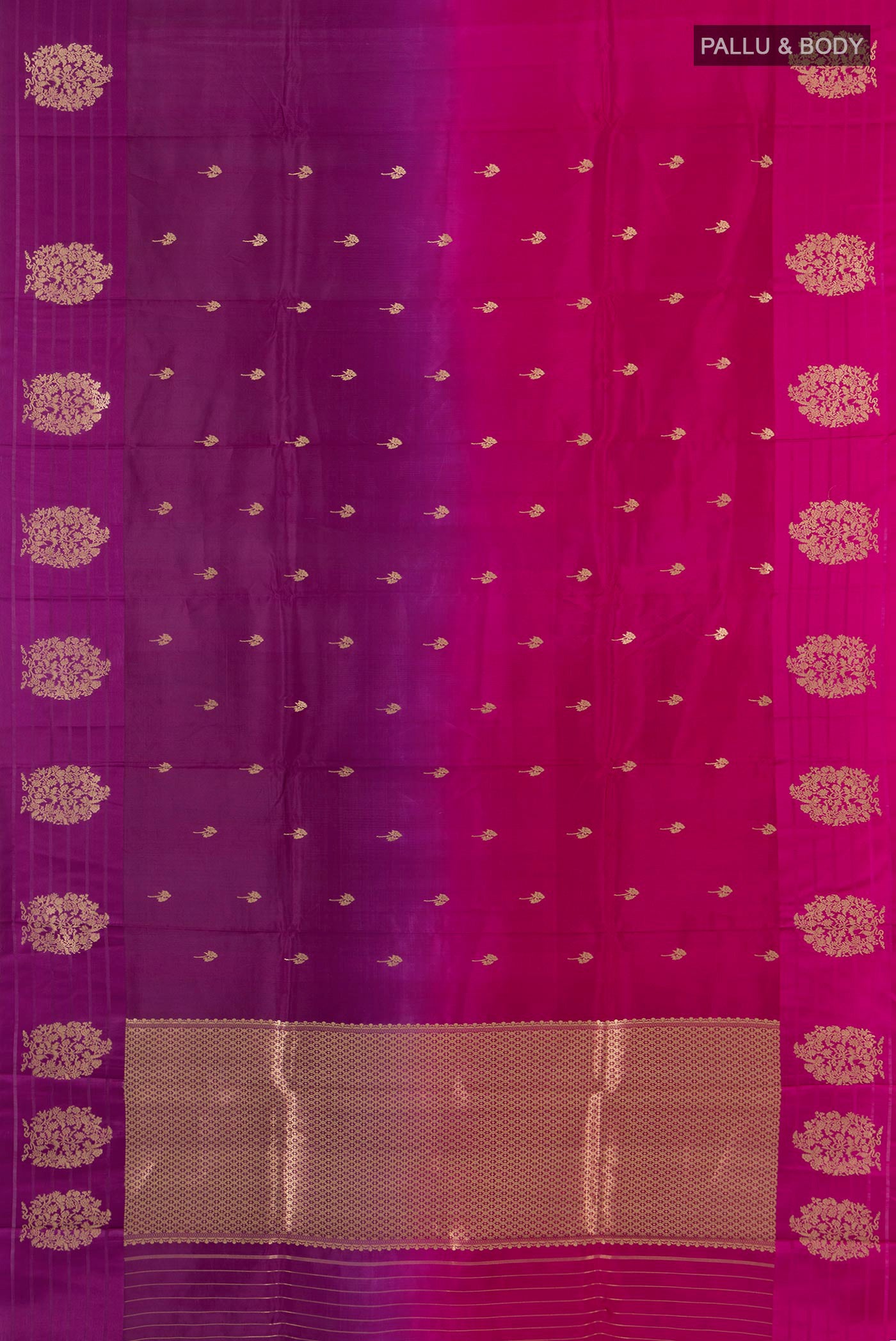 Flat view of Multi Color Banarasi Katan Silk Saree with Half And Half on the body and Plain Border. 