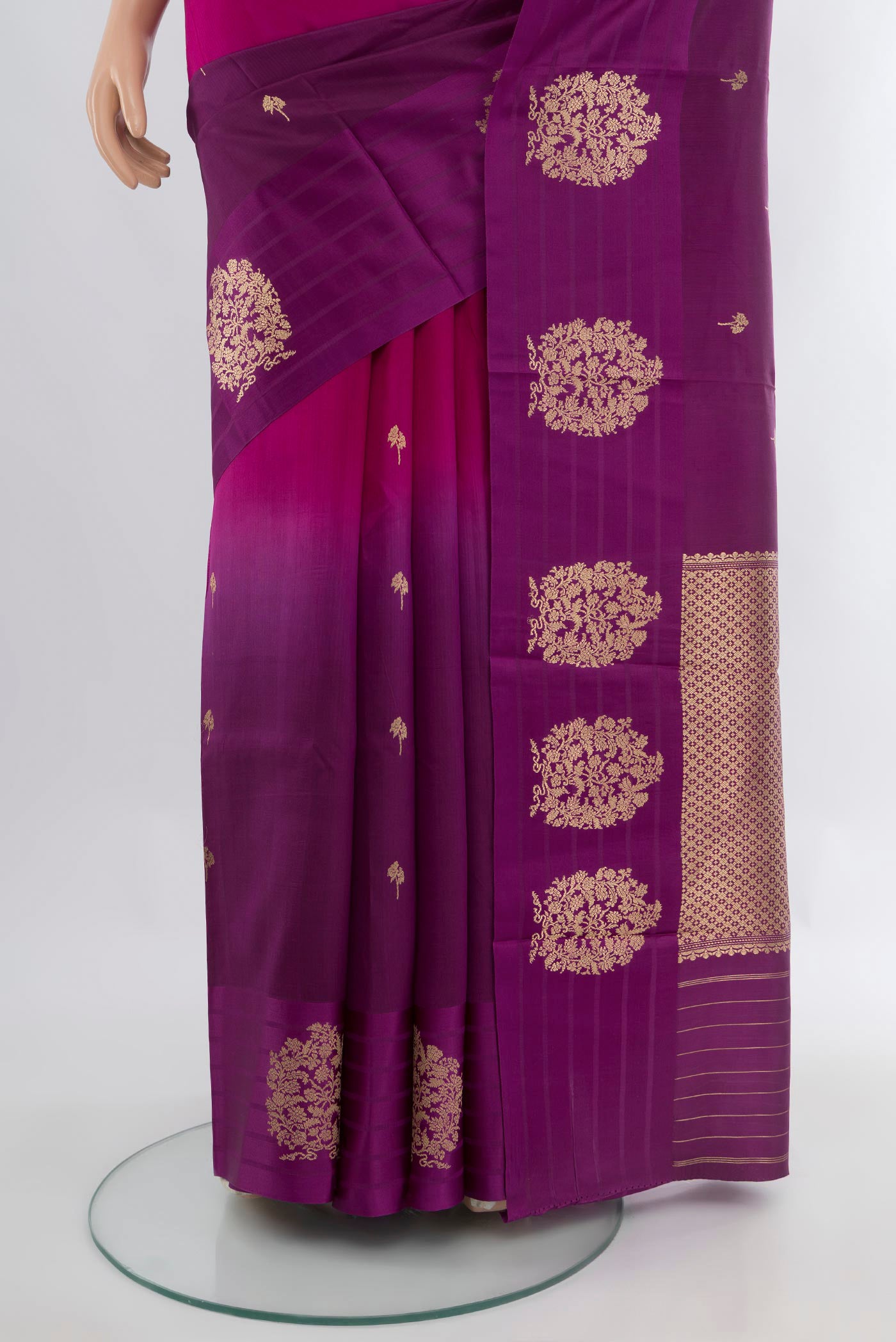 Pleats and pallu of Multi Color Banarasi Katan Silk Saree with Half And Half on the body and Plain Border. 