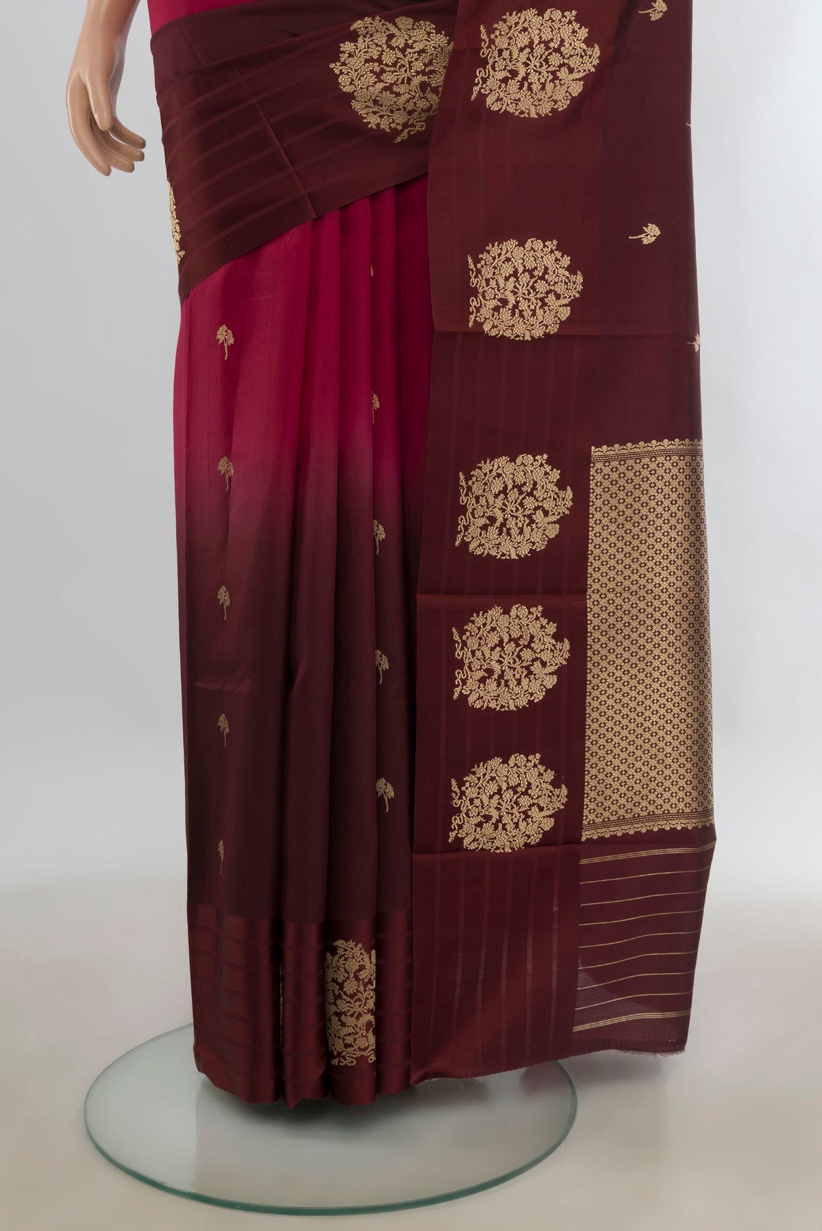 Pleats and pallu of Pure Silk Multi Color Banarasi Katan Saree with Zari Butta on the body and Plain Border. 