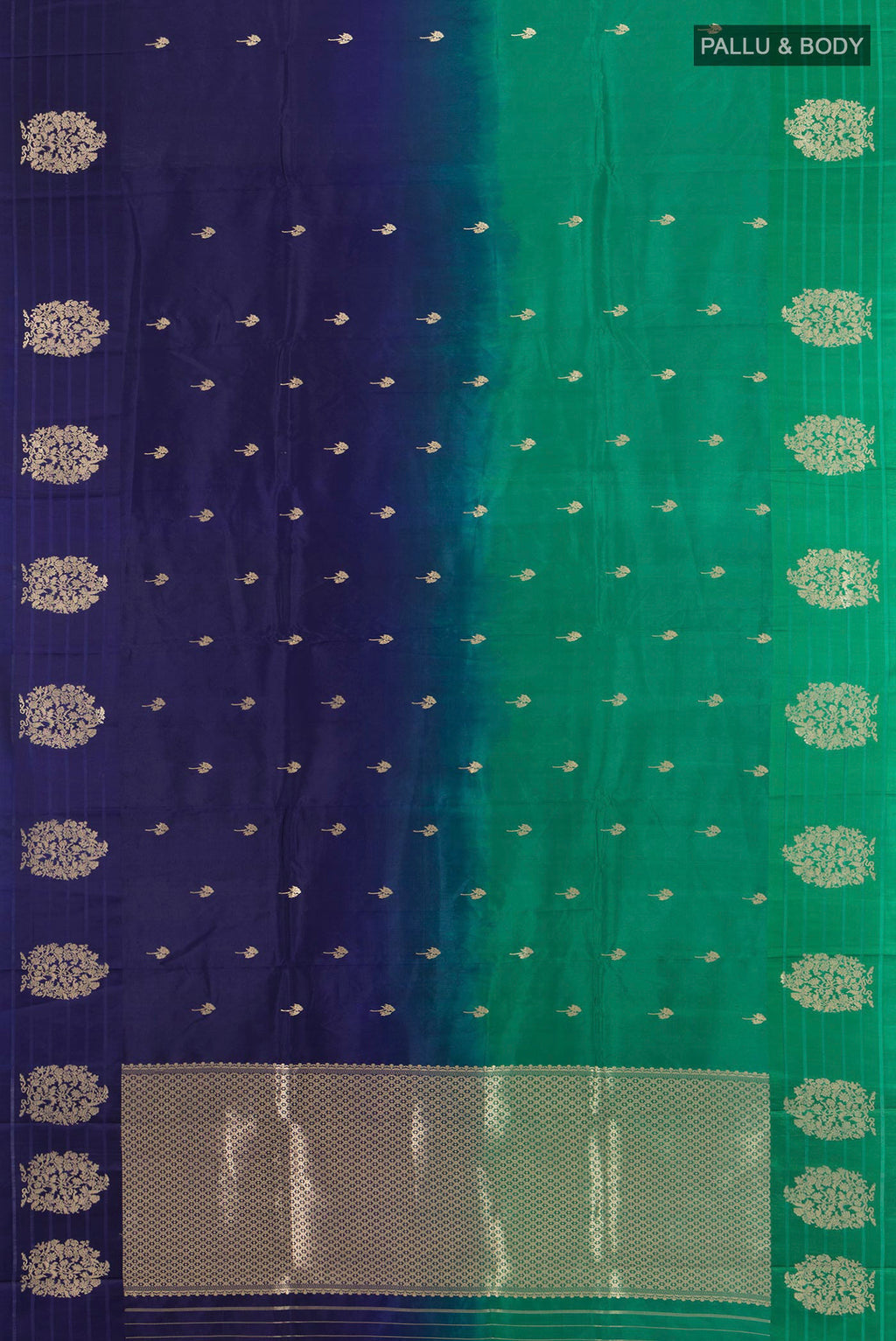 Flat view of Pure Silk Multi Color Banarasi Katan Saree with Zari Butta on the body and Plain Border. 