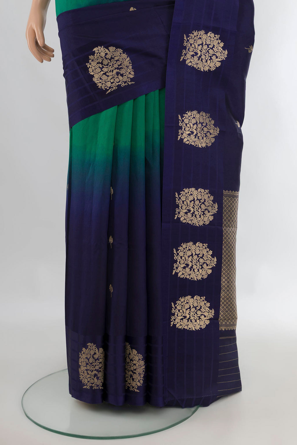 Pleats and pallu of Pure Silk Multi Color Banarasi Katan Saree with Zari Butta on the body and Plain Border. 