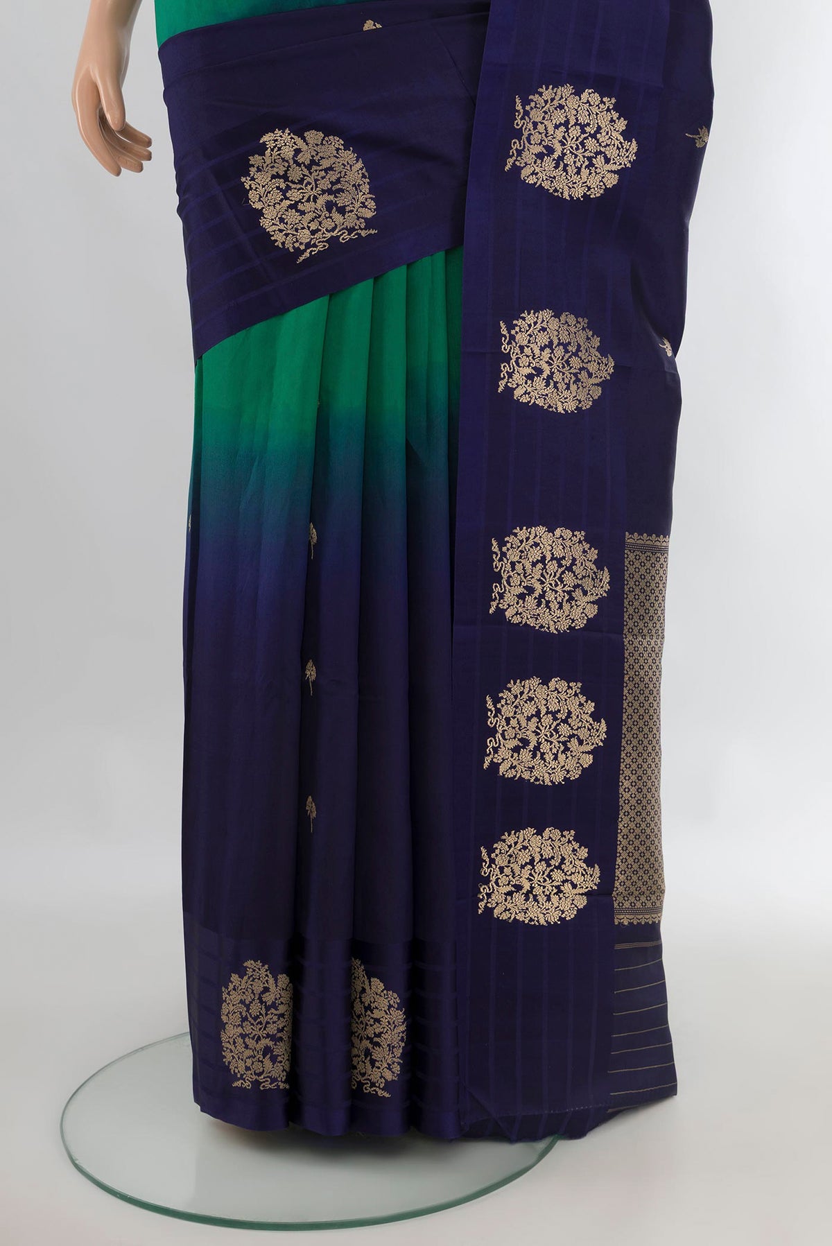 Pleats and pallu of Pure Silk Multi Color Banarasi Katan Saree with Zari Butta on the body and Plain Border. 