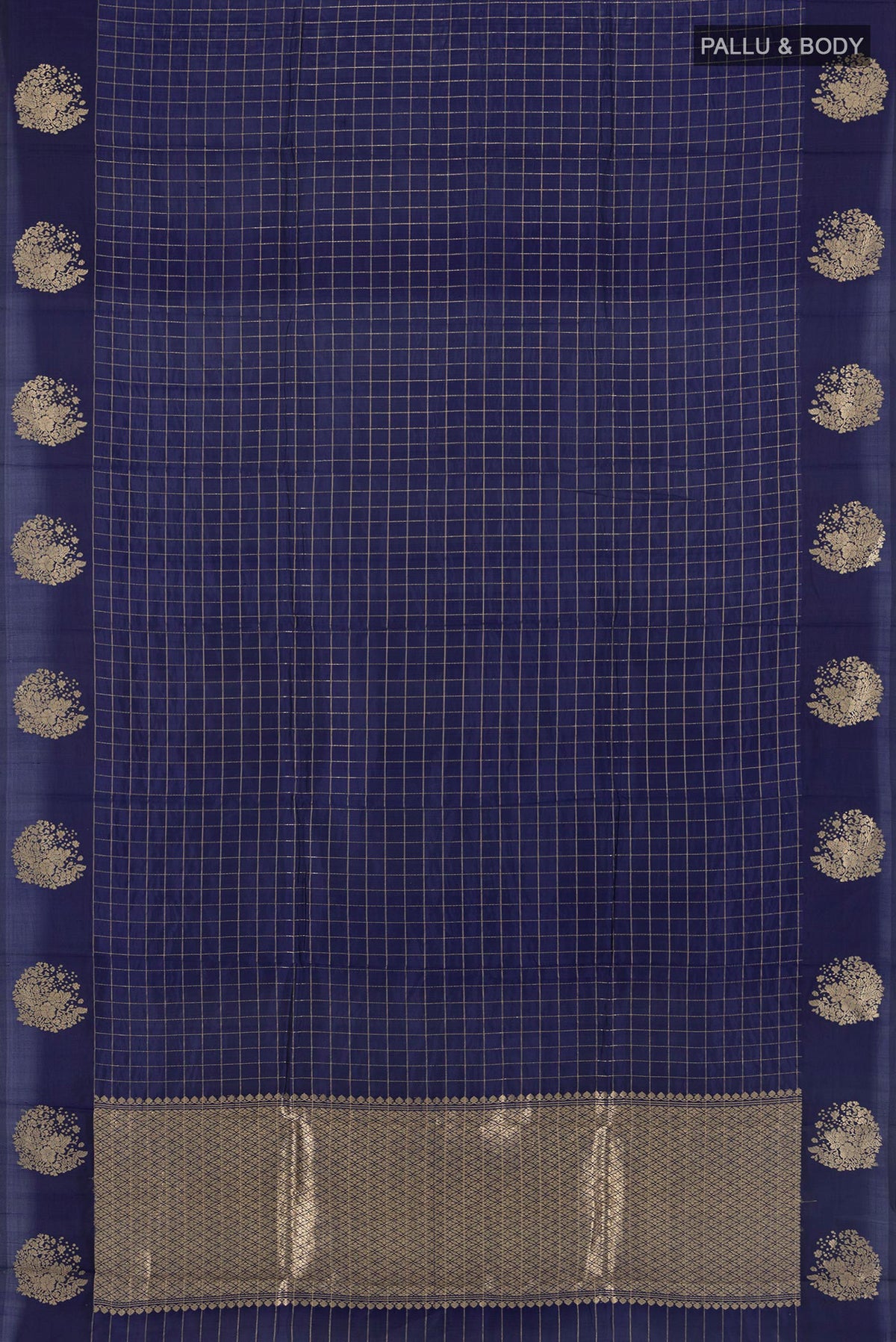 Flat view of Navy Blue Banarasi Katan Silk Saree with Checked design on the body and Fancy Border. 