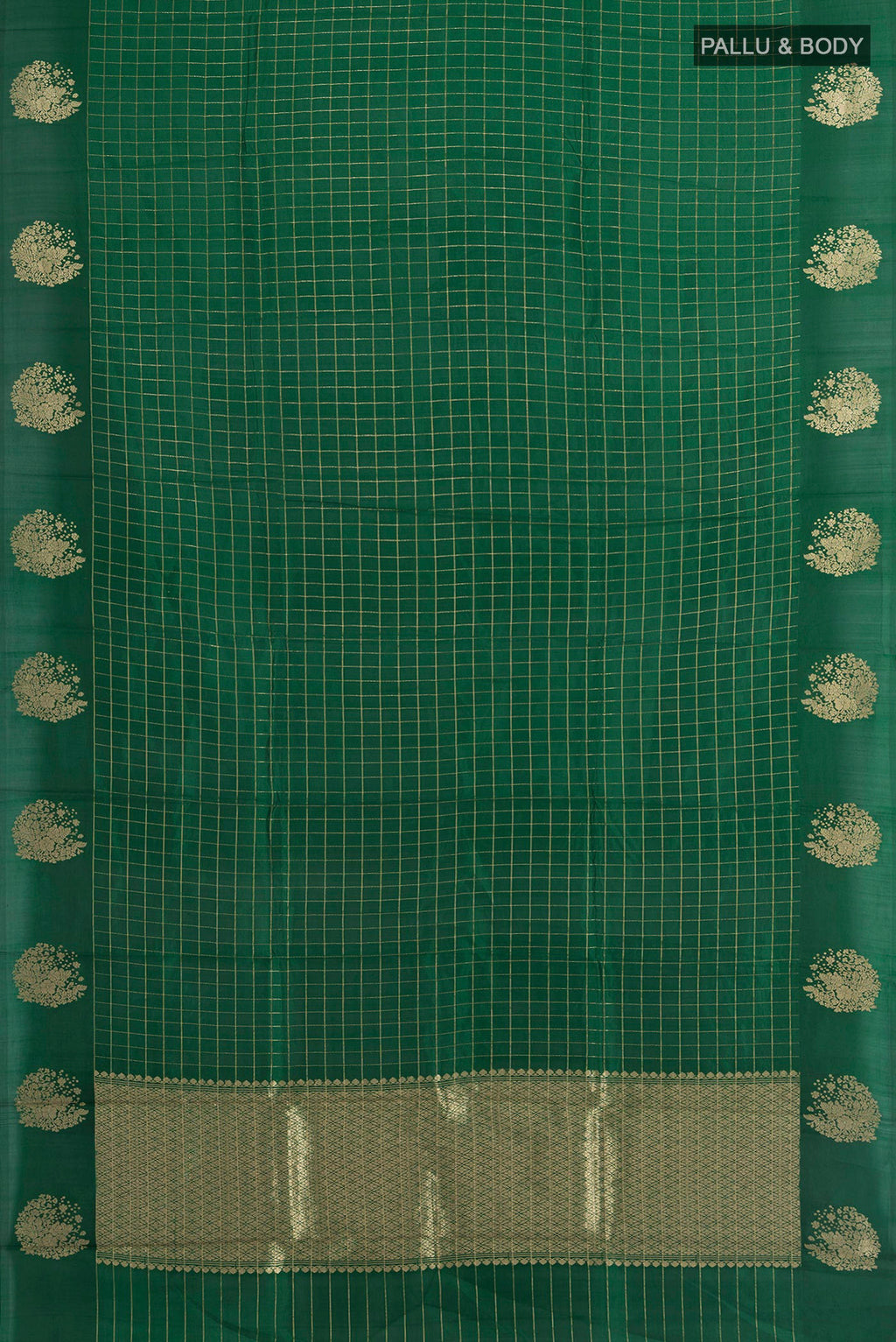 Flat view of Pure Silk Bottle Green Banarasi Katan Saree with Checked design on the body and Plain Border. 