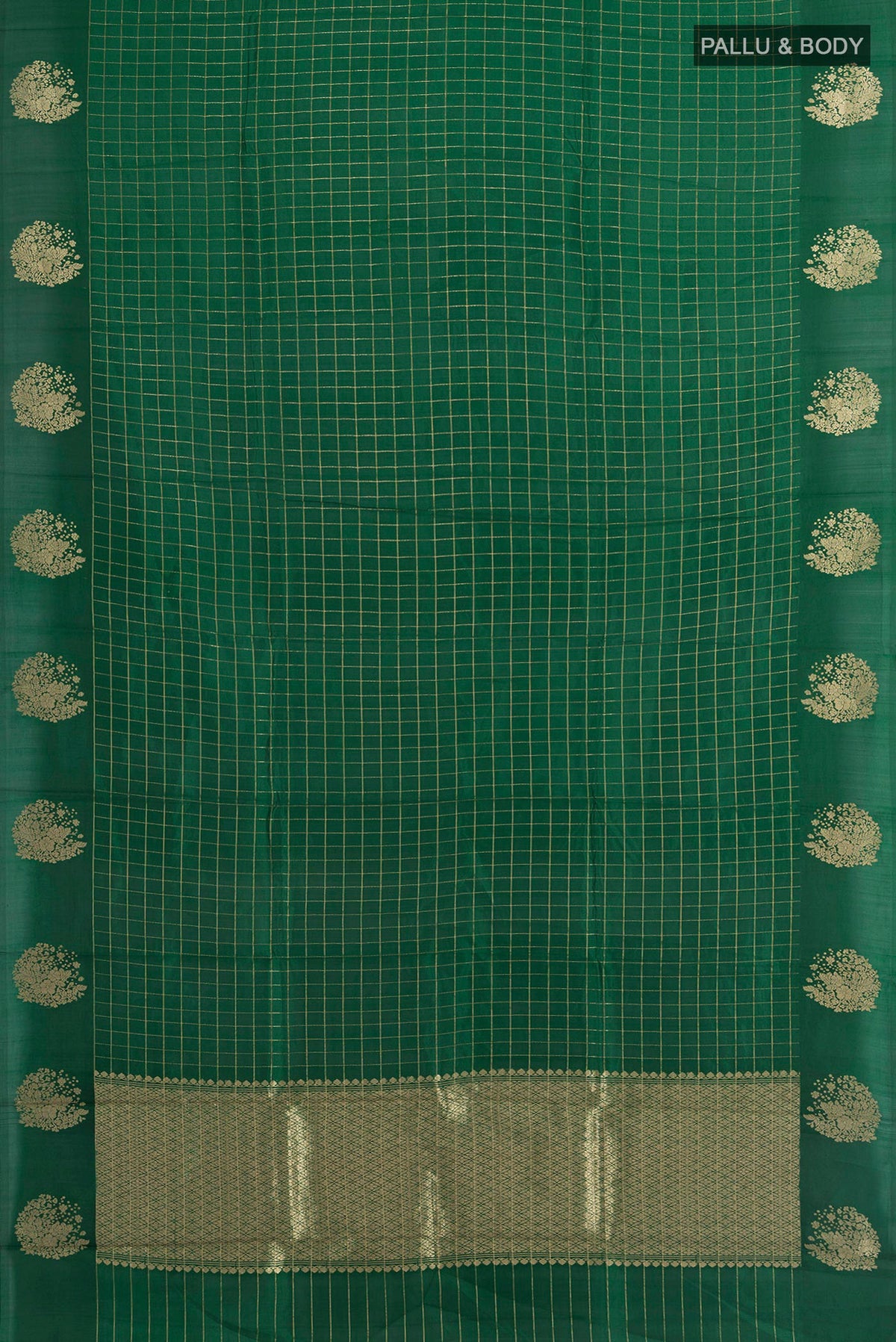 Flat view of Pure Silk Bottle Green Banarasi Katan Saree with Checked design on the body and Plain Border. 