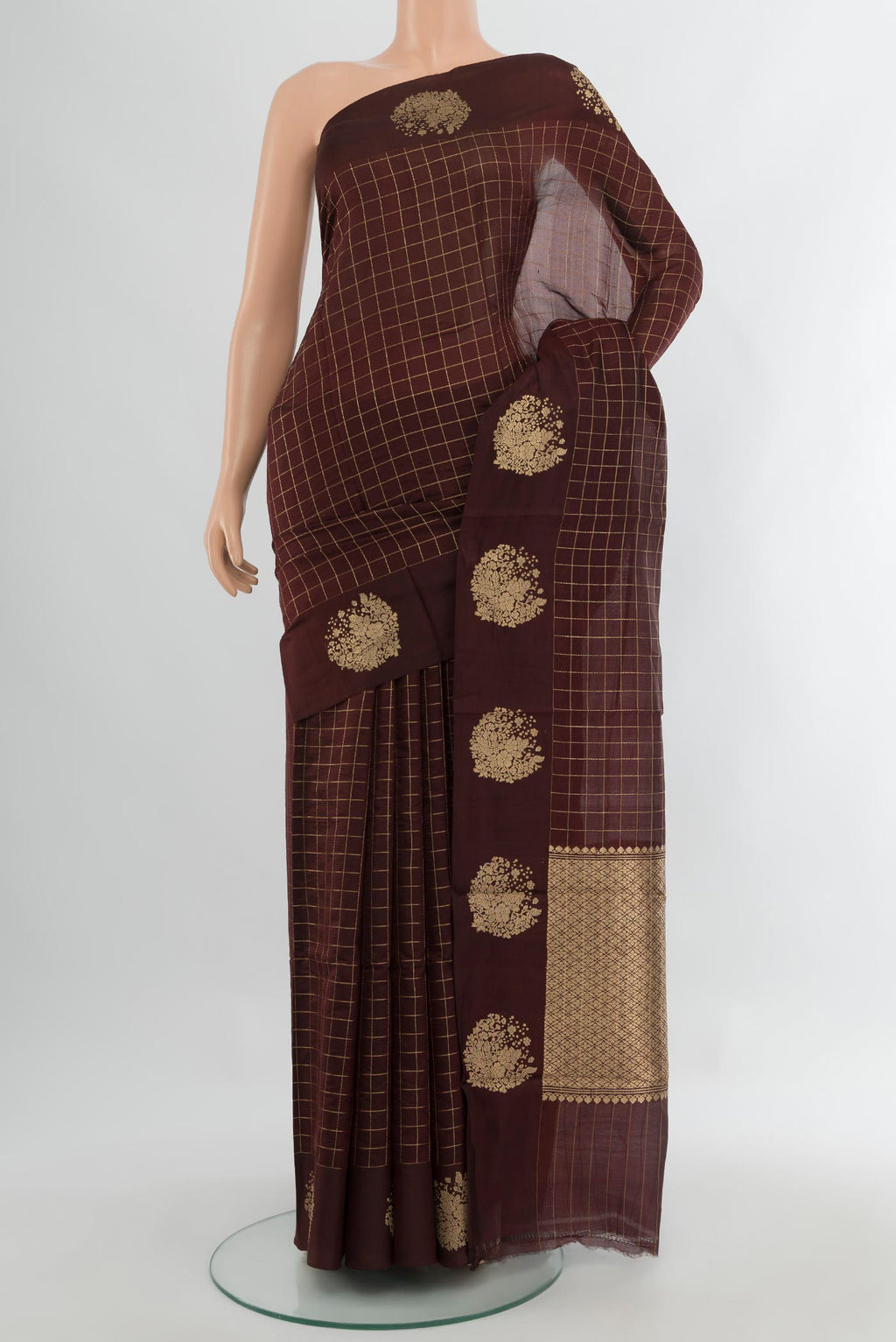 Coffee Brown Banarasi Katan Silk Saree with Checked design on the body and Fancy Border.  displayed on a mannequin