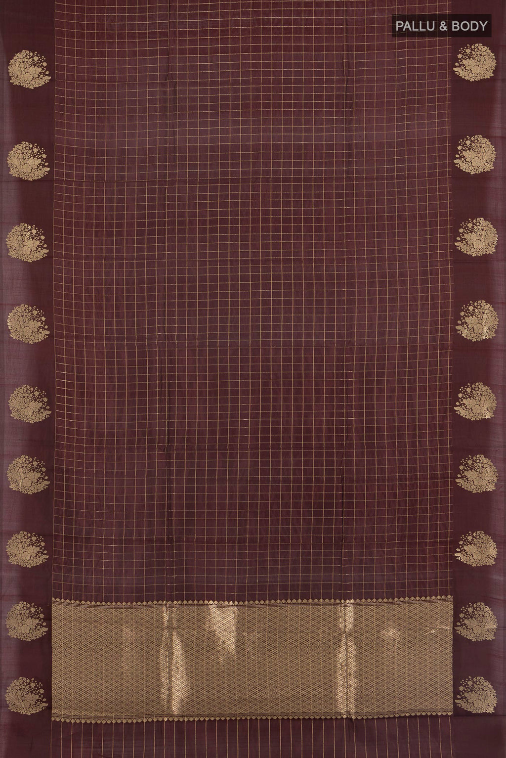 Flat view of Coffee Brown Banarasi Katan Silk Saree with Checked design on the body and Fancy Border. 