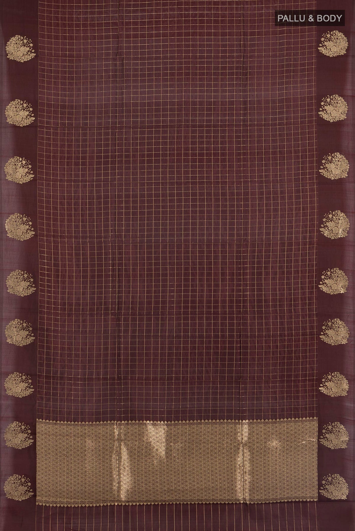 Flat view of Coffee Brown Banarasi Katan Silk Saree with Checked design on the body and Fancy Border. 