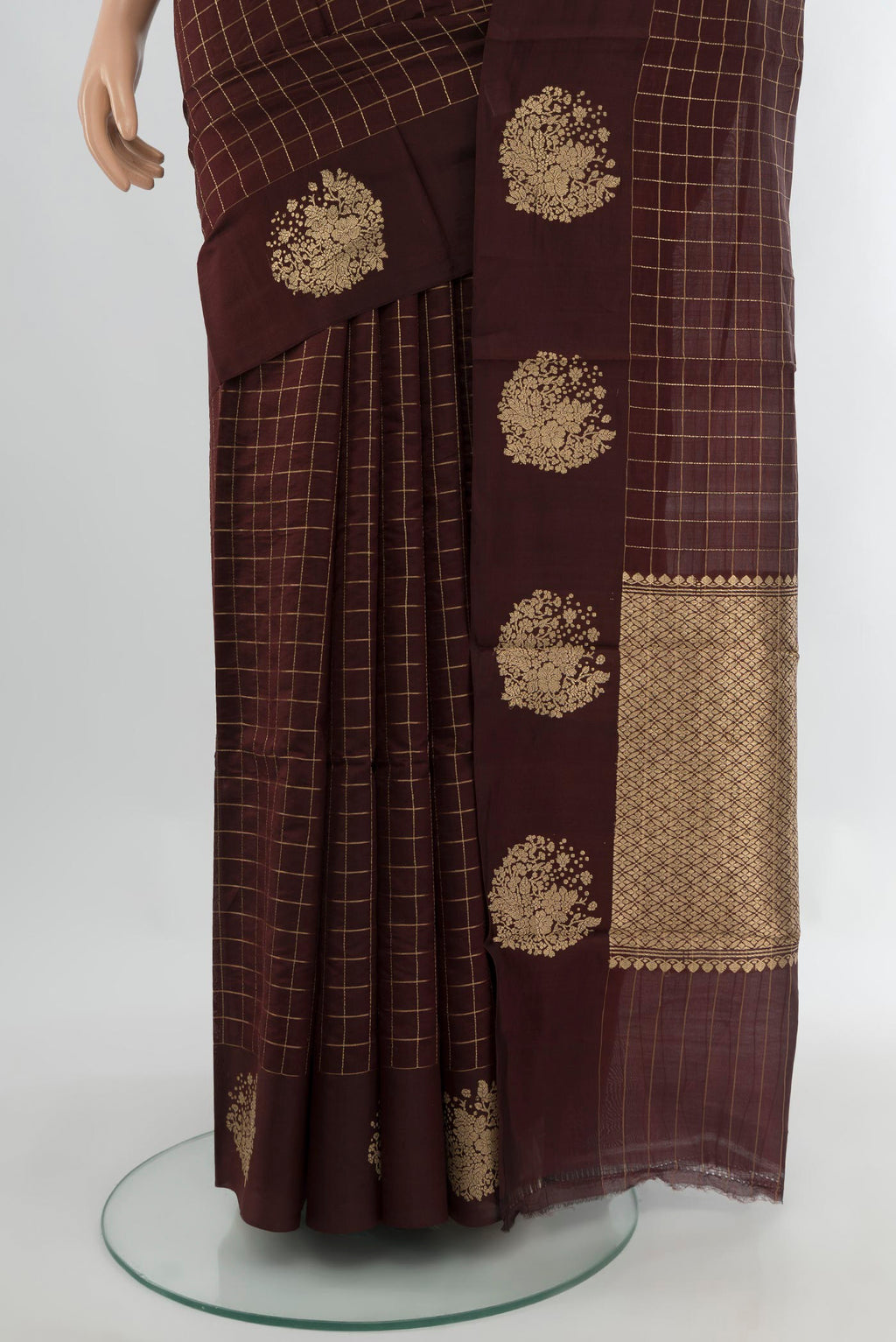 Pleats and pallu of Coffee Brown Banarasi Katan Silk Saree with Checked design on the body and Fancy Border. 
