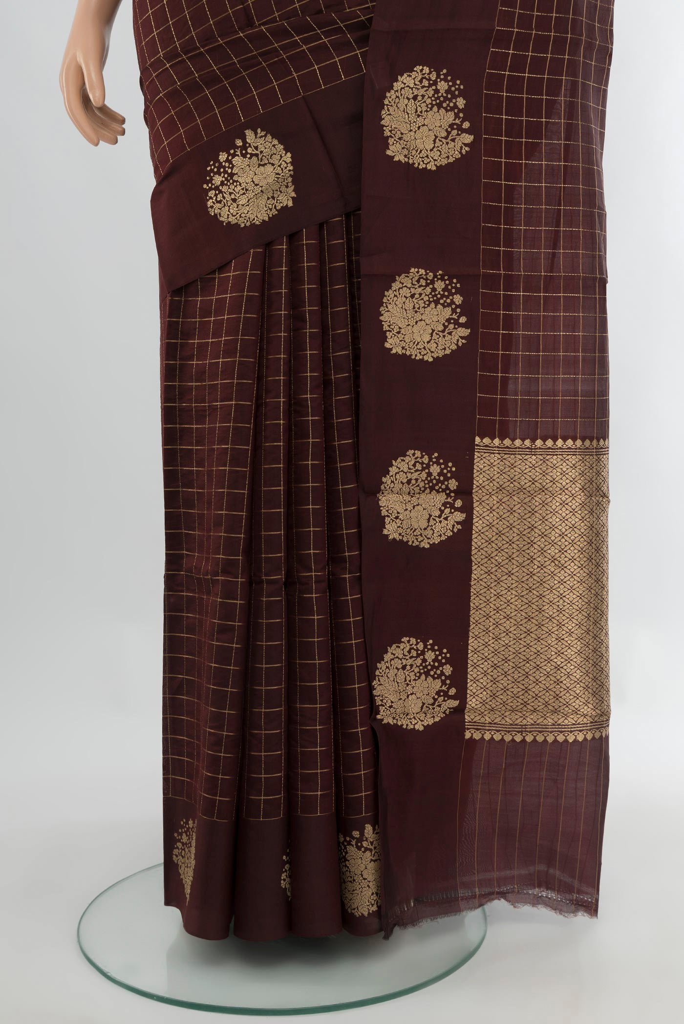 Pleats and pallu of Coffee Brown Banarasi Katan Silk Saree with Checked design on the body and Fancy Border. 