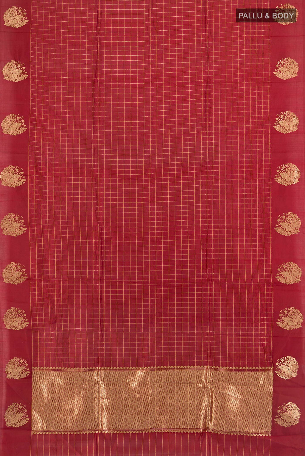 Flat view of Pure Silk Maroon Banarasi Katan Saree with Stripes on the body and Zari Border. 