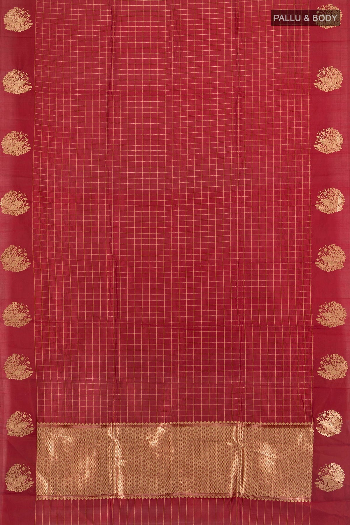 Flat view of Pure Silk Maroon Banarasi Katan Saree with Stripes on the body and Zari Border. 
