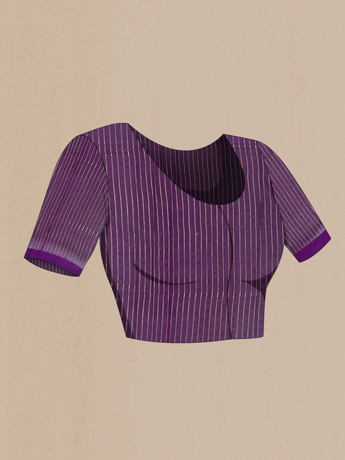 Close up image of the blouse of Violet Banarasi Katan Silk Saree with Zari Butta on the body and Plain Border. 
