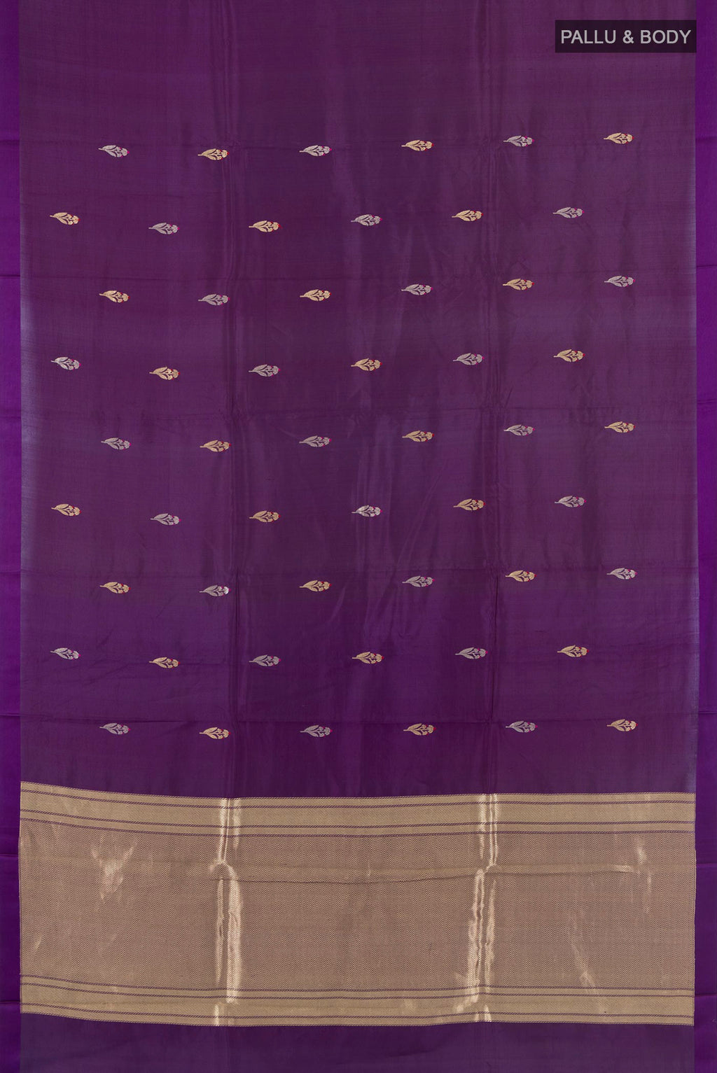 Flat view of Violet Banarasi Katan Silk Saree with Zari Butta on the body and Plain Border. 