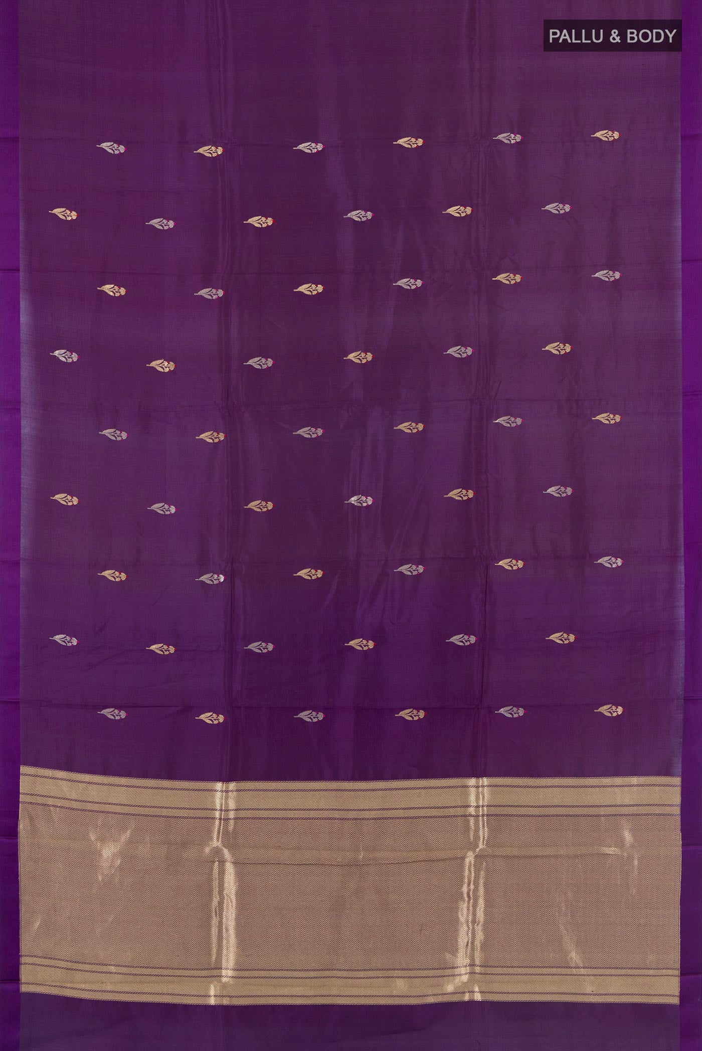 Flat view of Violet Banarasi Katan Silk Saree with Zari Butta on the body and Plain Border. 