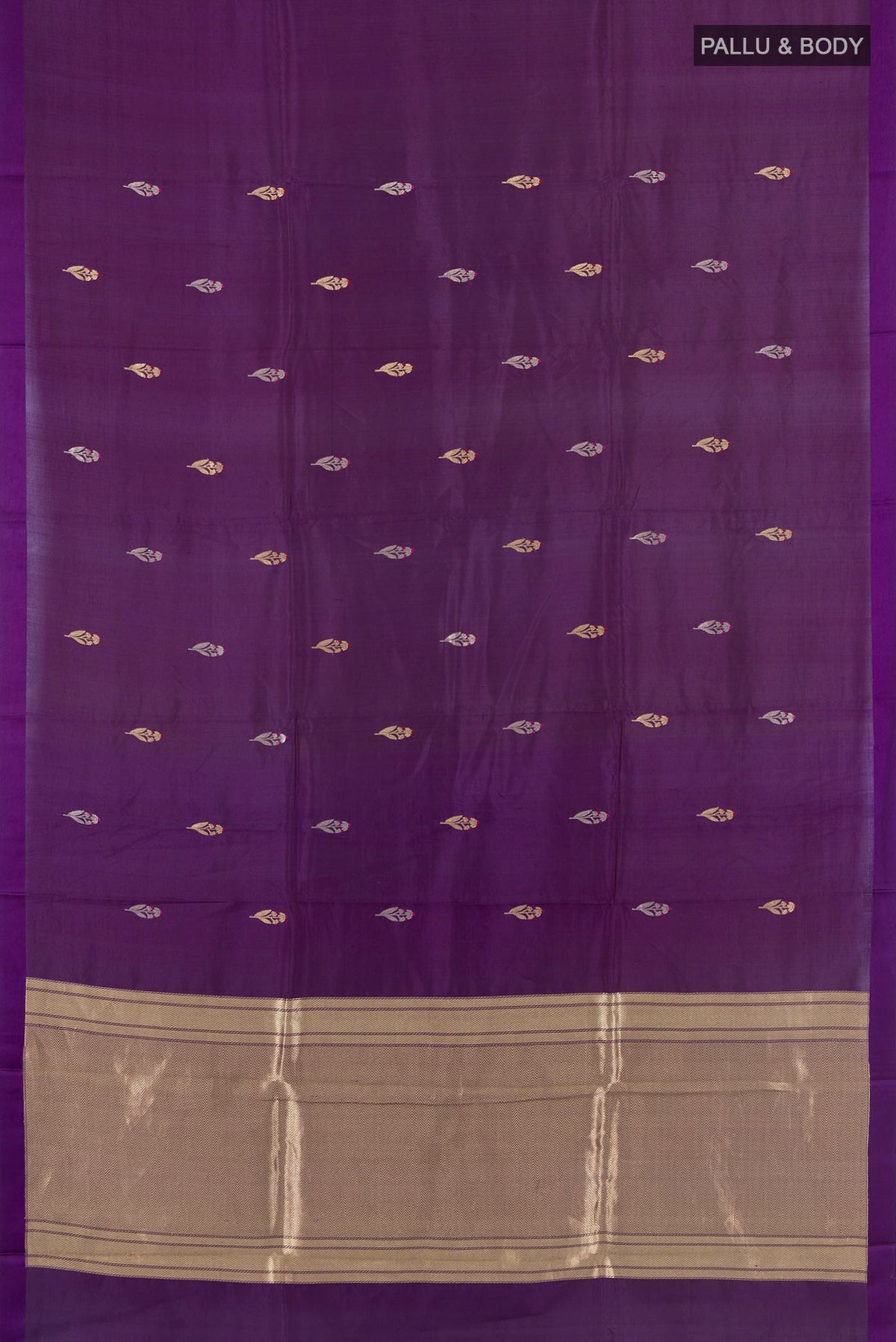 Flat view of Violet Banarasi Katan Silk Saree with Zari Butta on the body and Plain Border. 