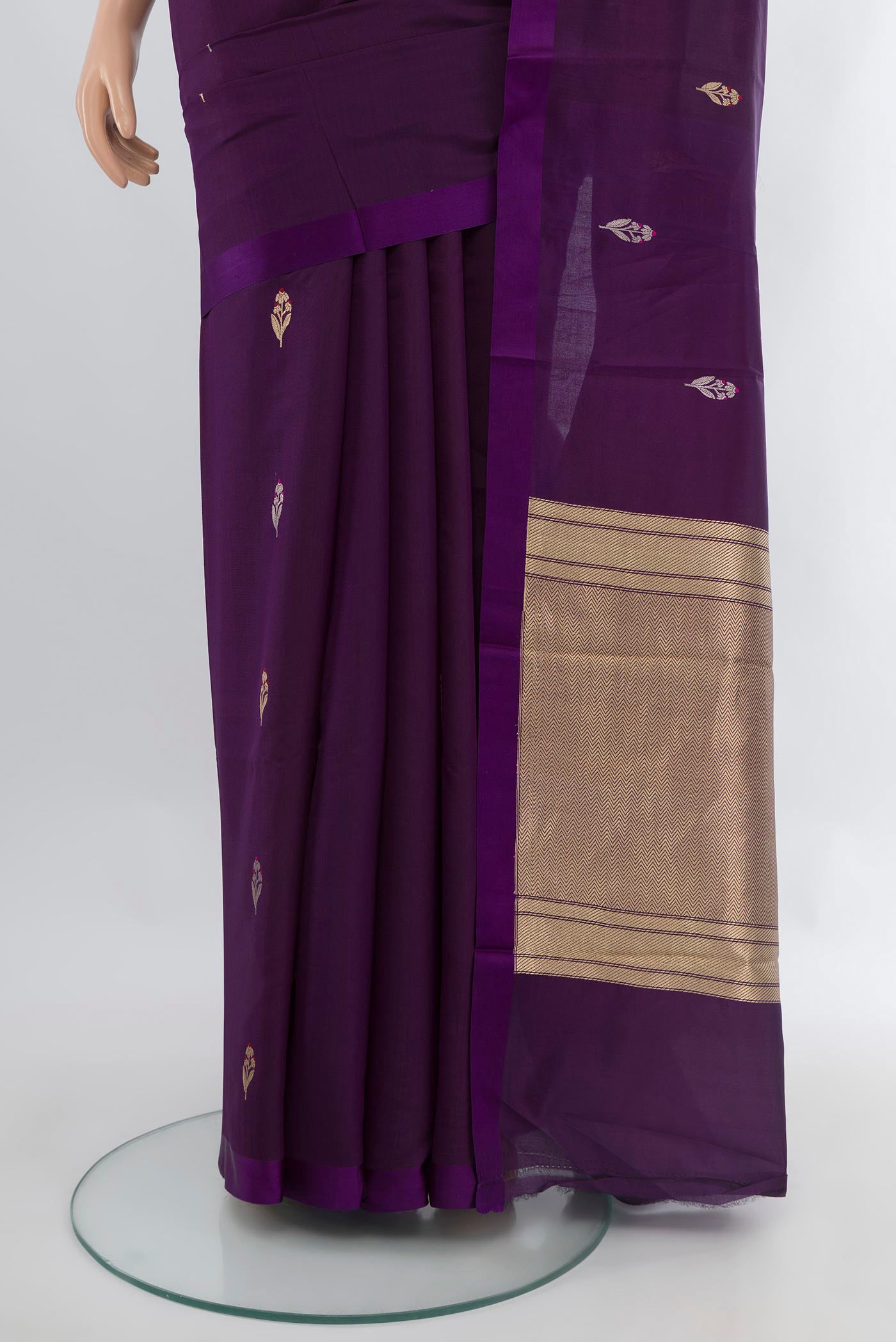 Pleats and pallu of Violet Banarasi Katan Silk Saree with Zari Butta on the body and Plain Border. 