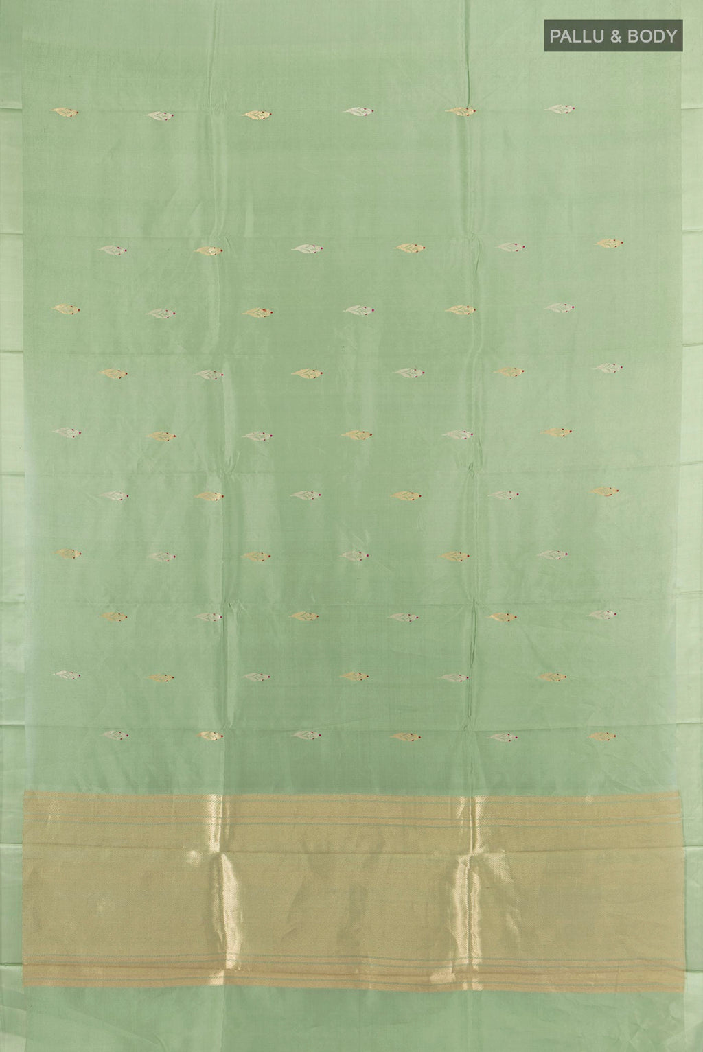 Flat view of Pure Silk Pista Green Banarasi Katan Saree with Zari Butta on the body and Plain Border. 