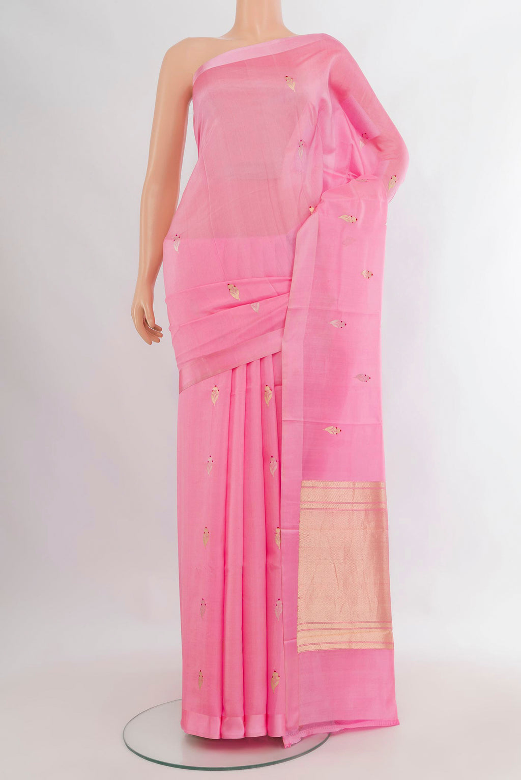 Pure Silk Rose pink Banarasi Katan Saree with Zari Butta on the body and Plain Border.  displayed on a mannequin