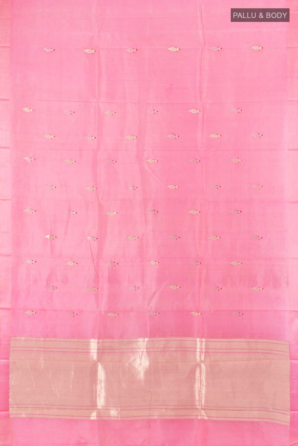 Flat view of Pure Silk Rose pink Banarasi Katan Saree with Zari Butta on the body and Plain Border. 