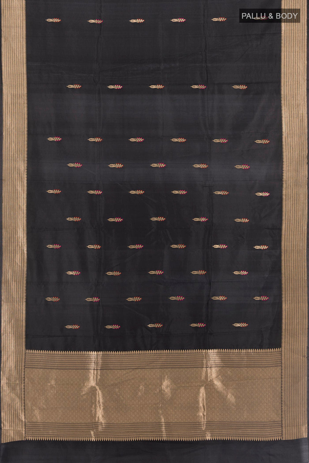 Flat view of Pure Silk Black Banarasi Saree with Zari Butta on the body and Zari Border. 