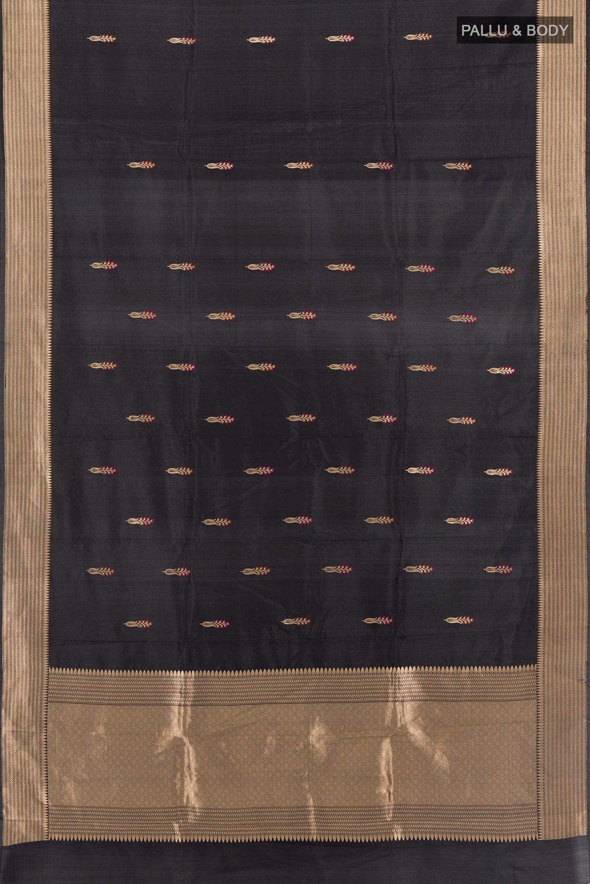 Flat view of Pure Silk Black Banarasi Saree with Zari Butta on the body and Zari Border. 