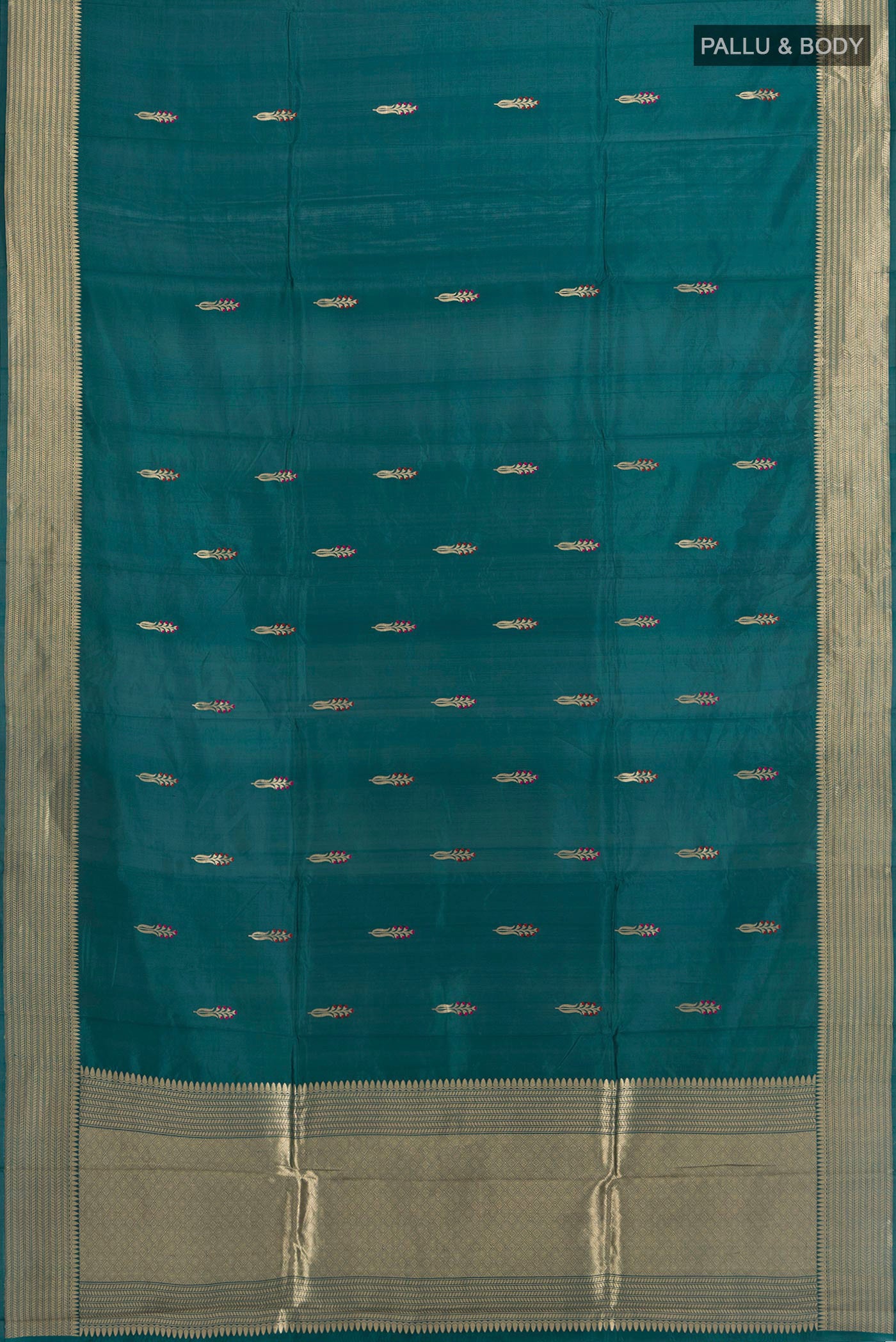 Flat view of Pure Silk Blue Banarasi Katan Saree with Zari Butta on the body and Zari Border. 