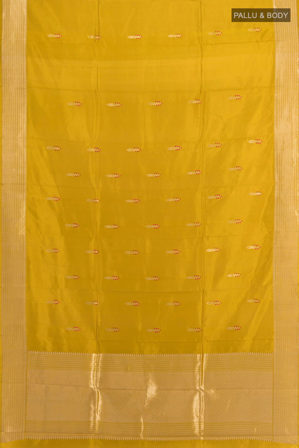 Flat view of Pure Silk Mehandi Green Banarasi Katan Saree with Zari Butta on the body and Zari Border. 