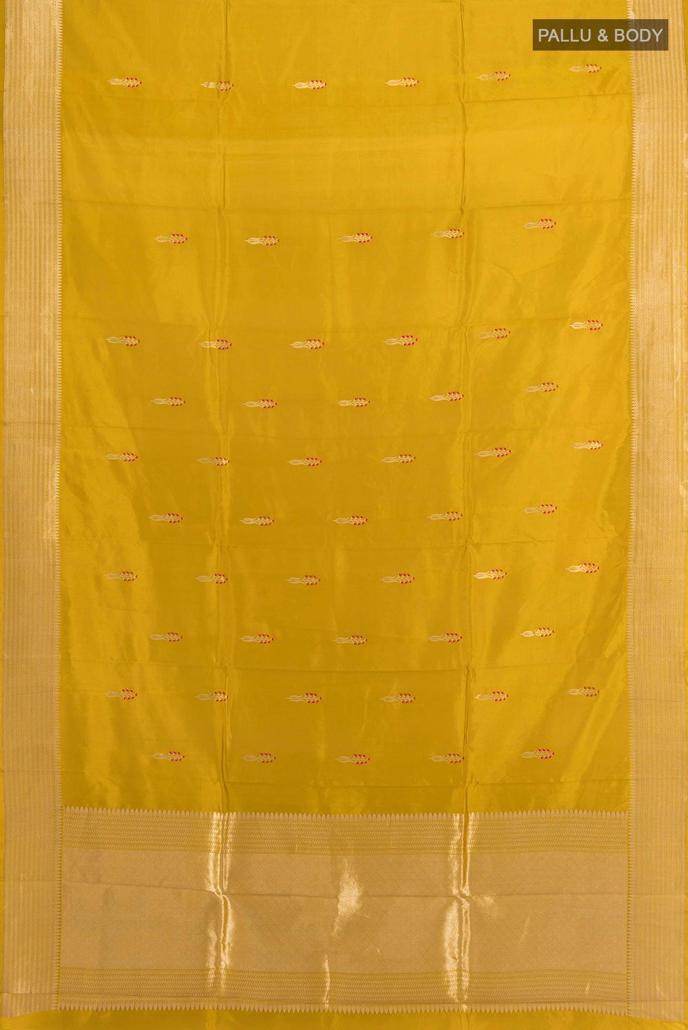Flat view of Pure Silk Mehandi Green Banarasi Katan Saree with Zari Butta on the body and Zari Border. 