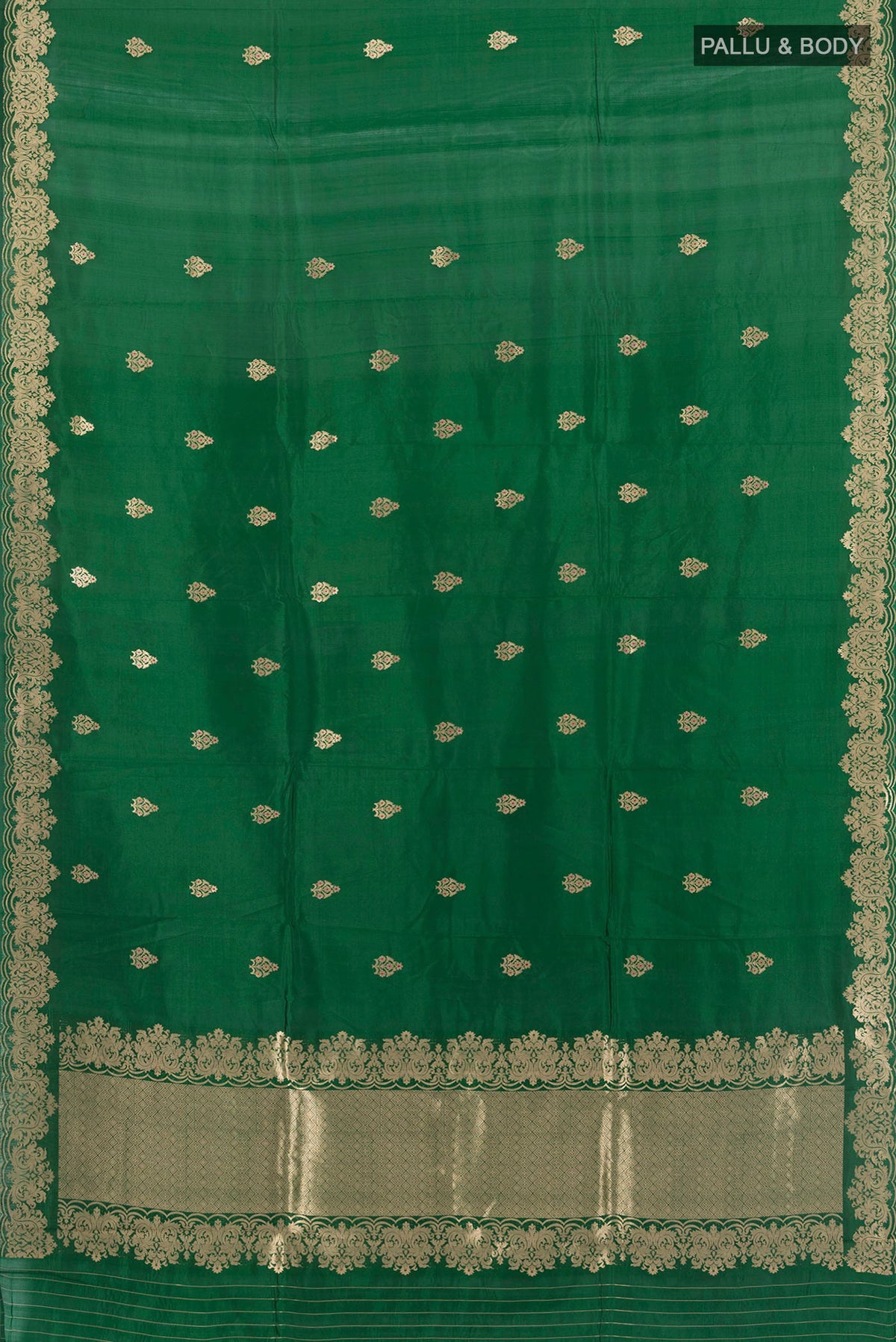 Flat view of Pure Silk Bottle Green Banarasi Katan Saree with Zari Butta on the body and Fancy Border. 