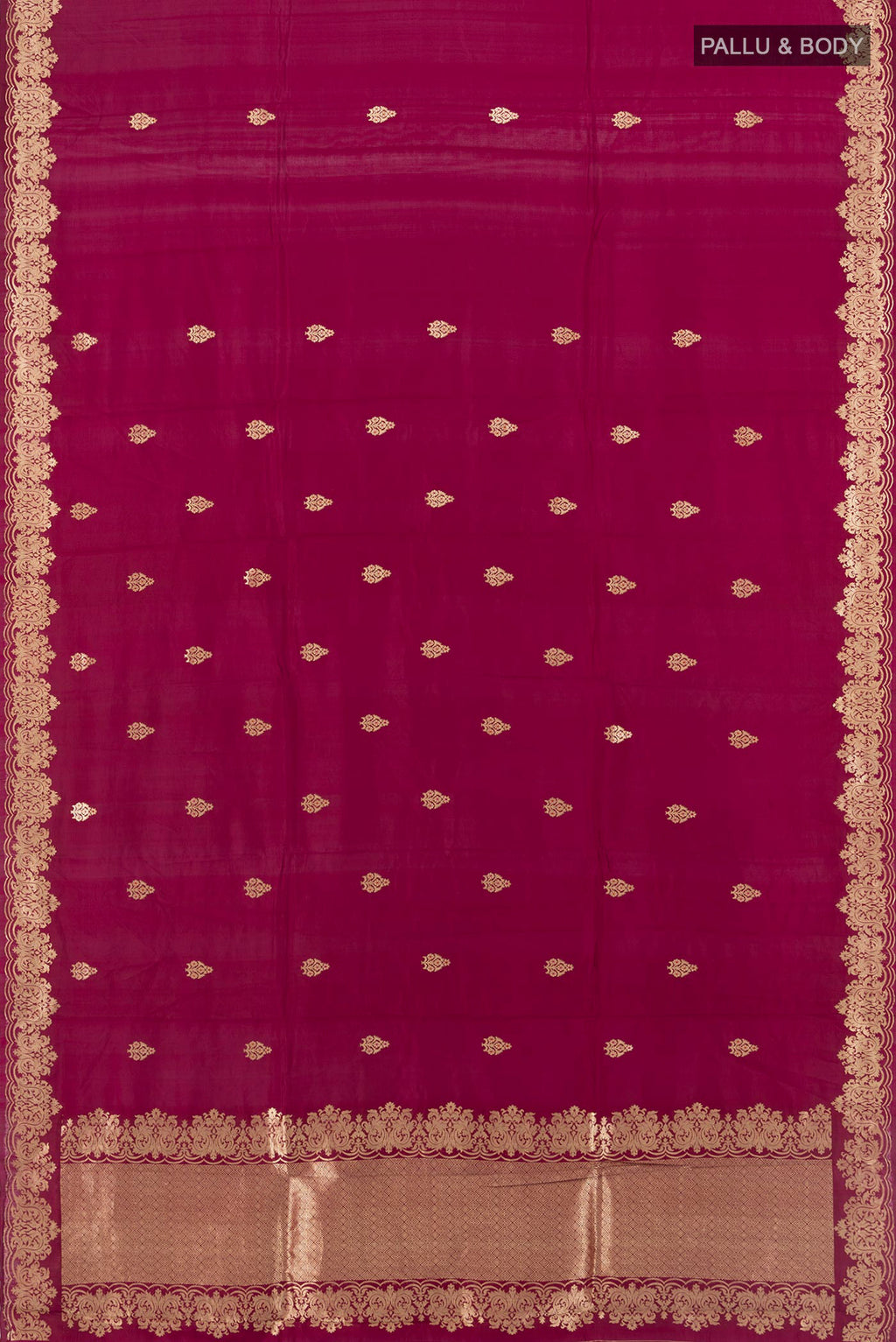 Flat view of Maroon Banarasi Katan Silk Saree with Zari Butta on the body and Fancy Border. 