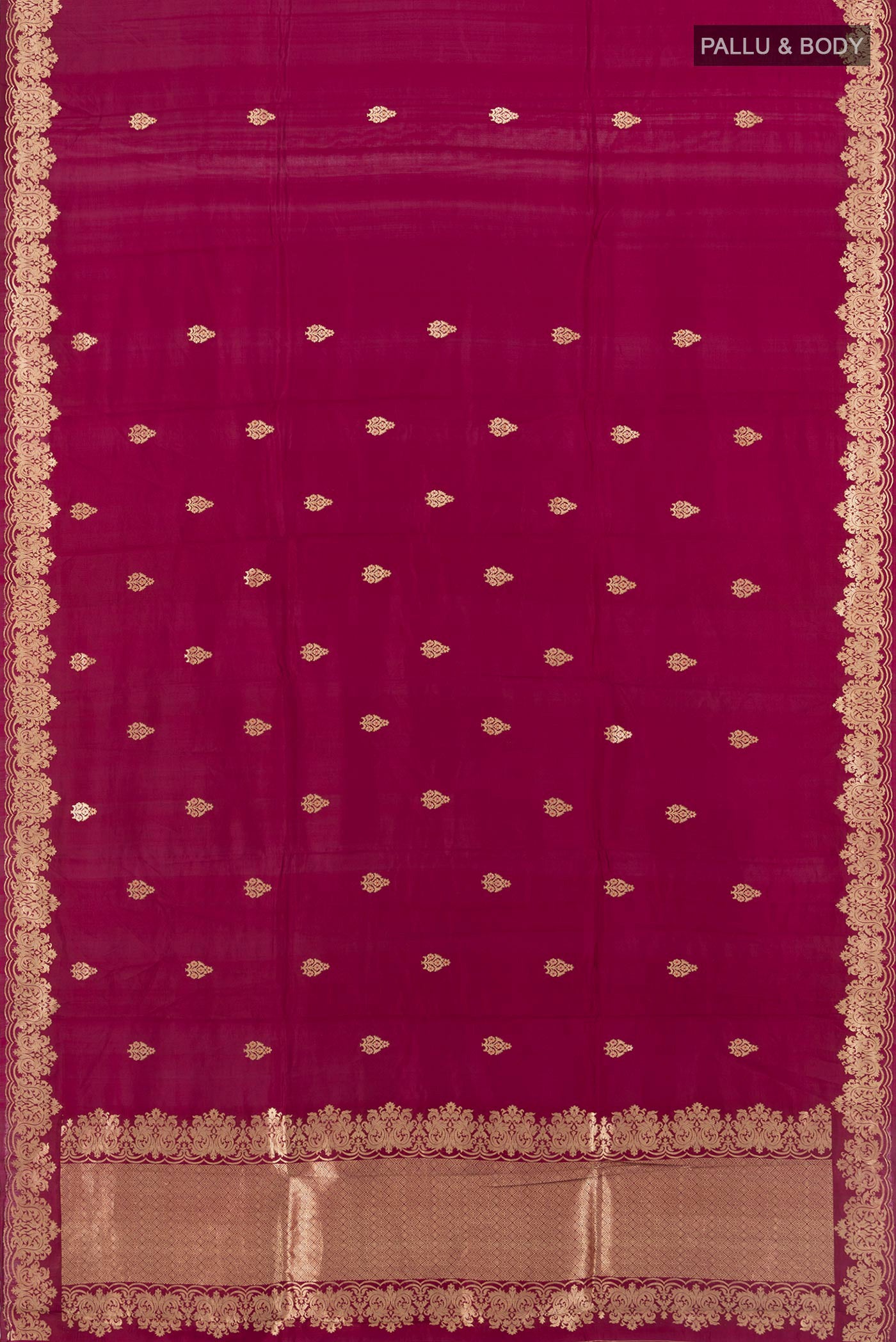 Flat view of Maroon Banarasi Katan Silk Saree with Zari Butta on the body and Fancy Border. 