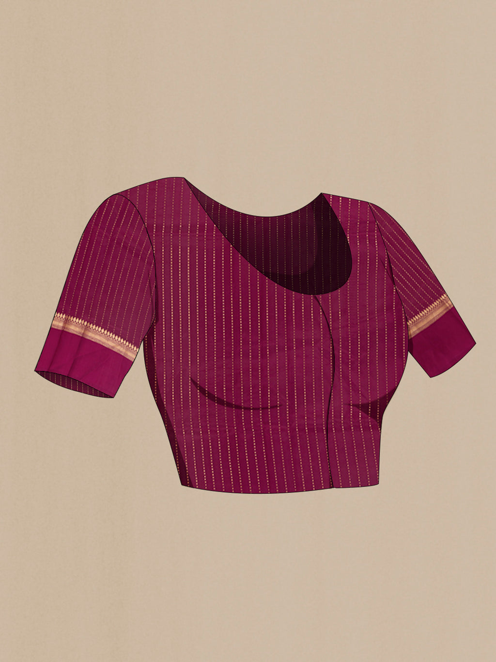 Close up image of the blouse of Magenta Banarasi Katan Silk Saree with Zari Butta on the body and Zari Border. 