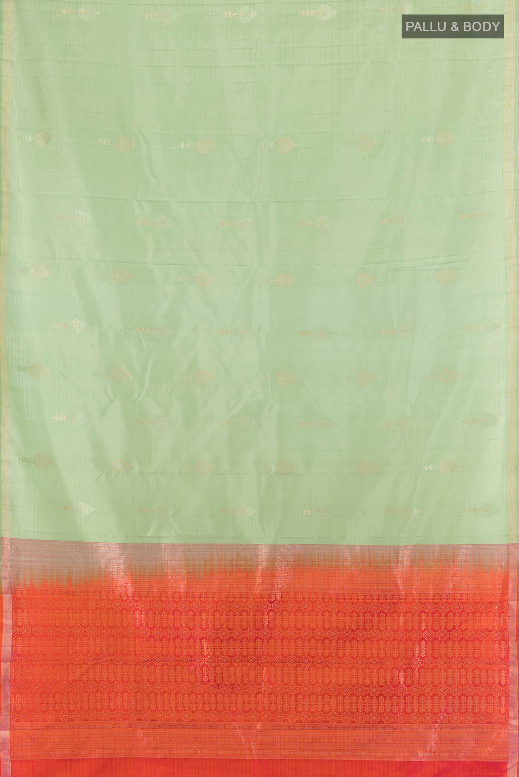 Flat view of Pure Silk Pista Green Soft Saree with Zari Butta on the body and Zari Border. 
