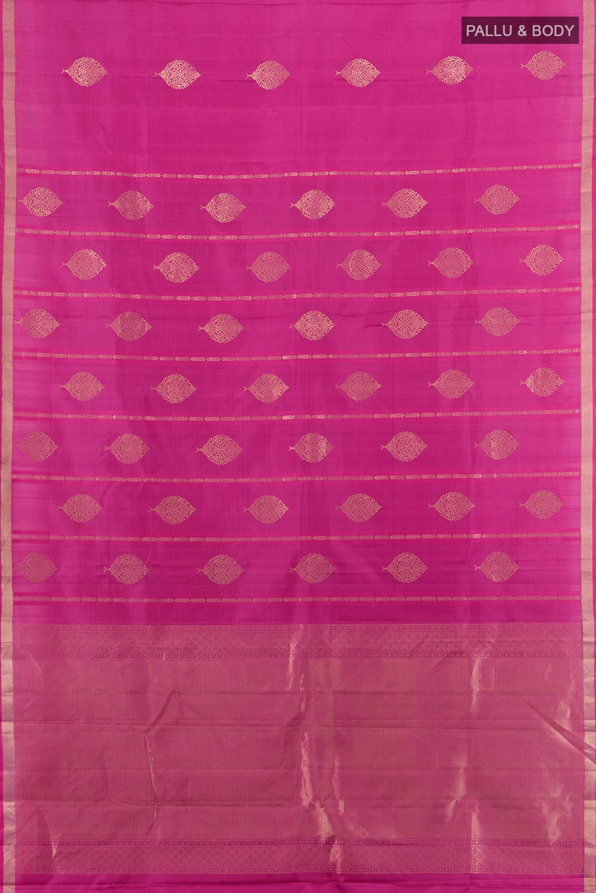Flat view of Pure Silk Pure Zari Purple Soft Saree with Zari Butta on the body and Silk Border. 