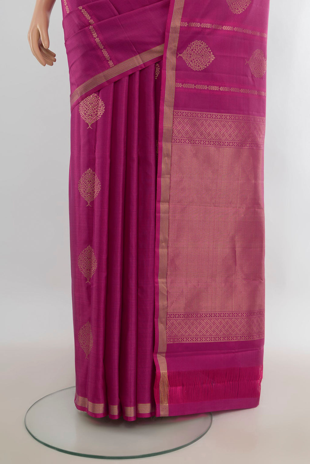 Pleats and pallu of Pure Silk Pure Zari Purple Soft Saree with Zari Butta on the body and Silk Border. 