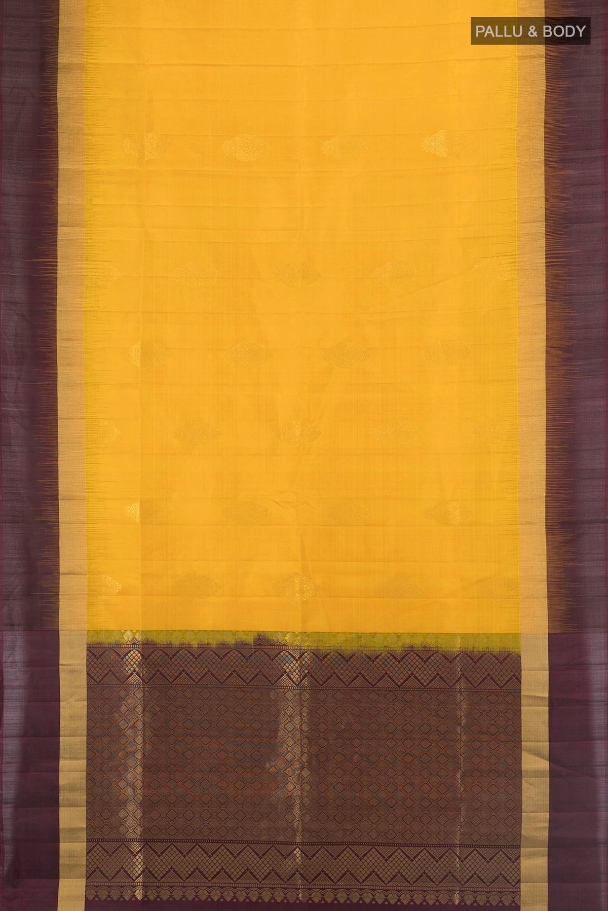 Flat view of Pure Silk Mustard Soft Saree with Zari Butta on the body and Plain Border. 