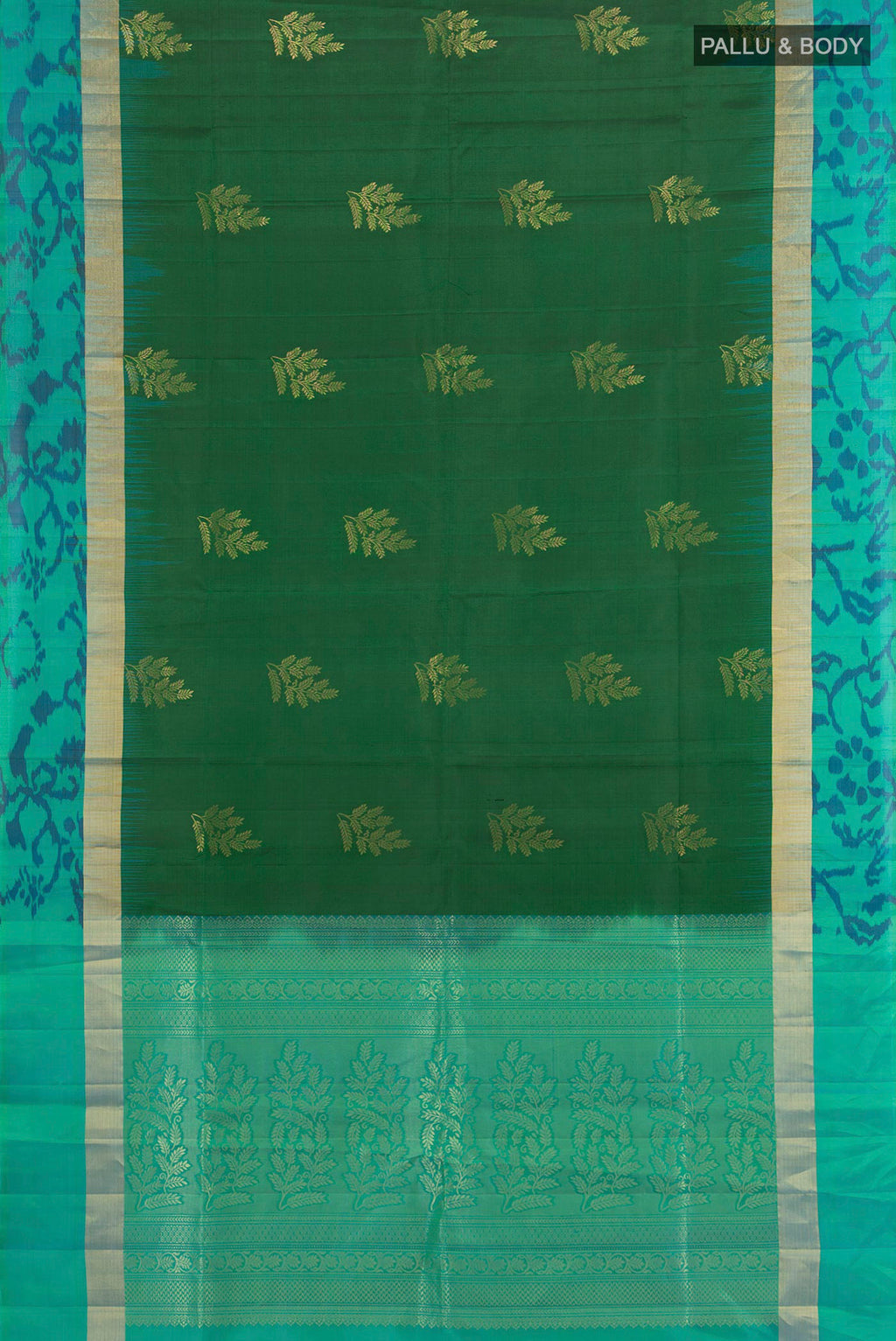 Flat view of Pure Silk Green Soft Saree with Zari Butta on the body and Ikat Border. 