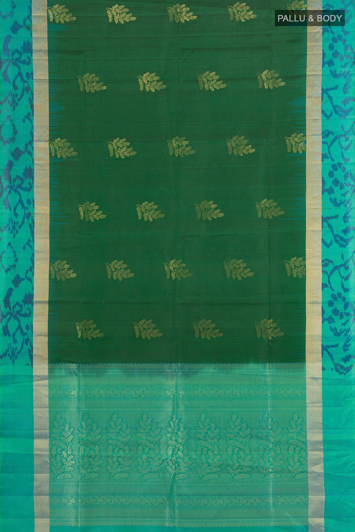 Flat view of Pure Silk Green Soft Saree with Zari Butta on the body and Ikat Border. 