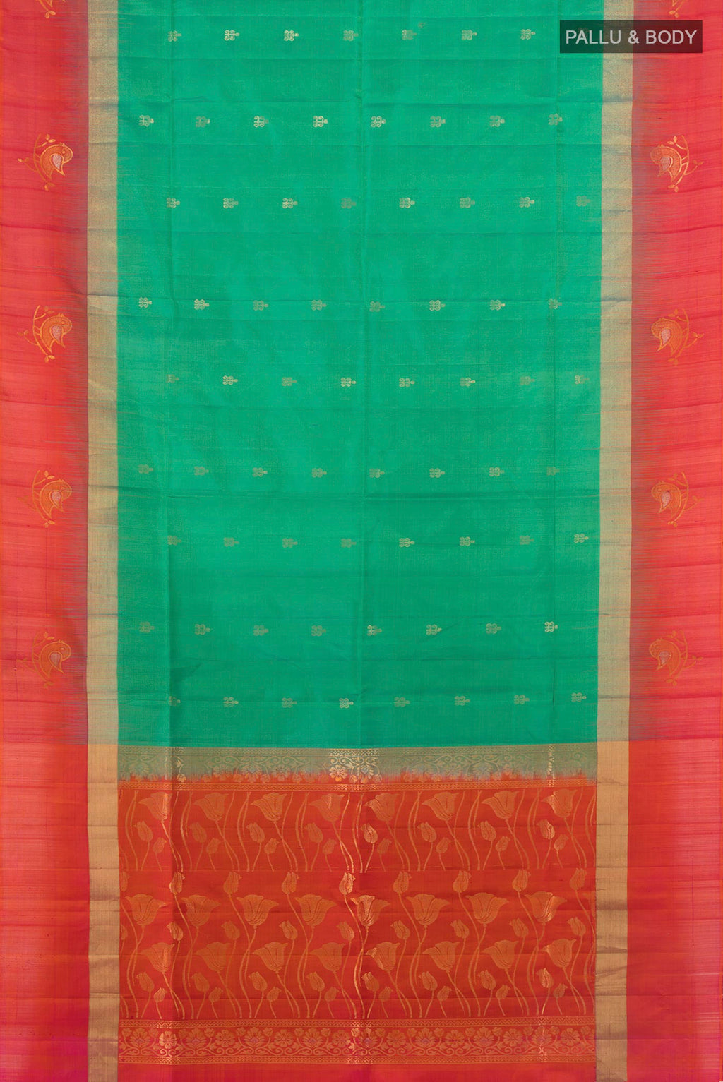 Flat view of Pure Silk Light Green Soft Saree with Zari Butta on the body and Silk Border. 