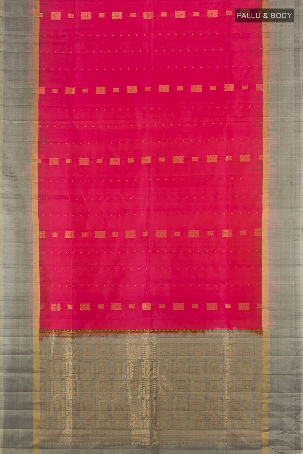 Flat view of Pure Silk Dark Pink Soft Saree with Zari Butta on the body and Plain Border. 