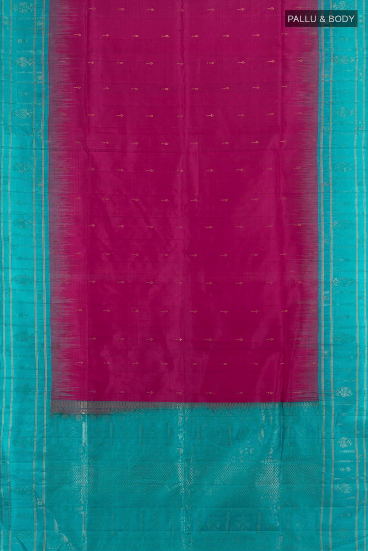 Flat view of Pure Silk Magenta Soft Saree with Zari Butta on the body and Plain Border. 
