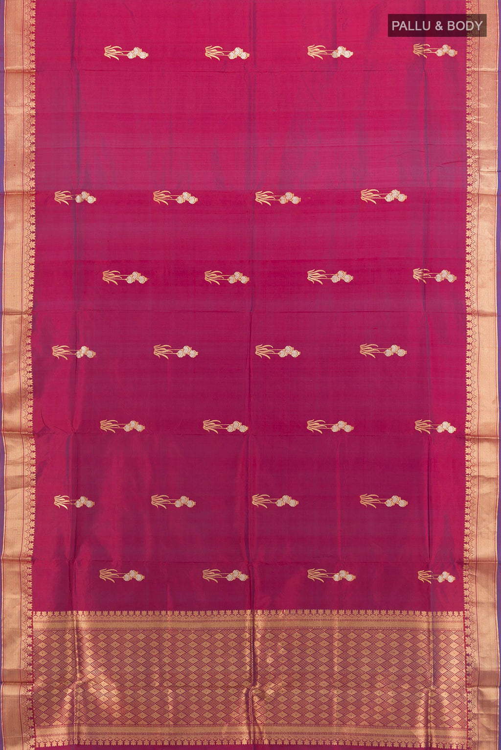 Flat view of Pure Silk Magenta Banarasi Katan Saree with Zari Butta on the body and Zari Border. 