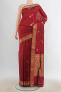 Pure Silk Maroon Banarasi Katan Saree with Zari Butta on the body and Zari Border.  displayed on a mannequin